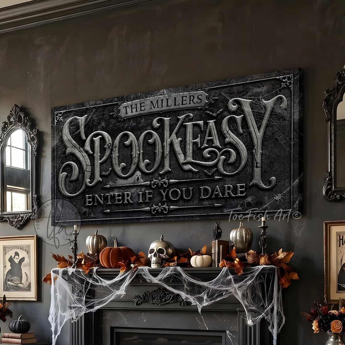 Make your Halloween Bar & Lounge decor hauntingly unique with "Spookeasy Enter If You Dare" Personalized Halloween Sign custom made by Toe Fish Art. Be surrounded by decor you LOVE! Choose between premium framed canvas or durable outdoor metal. Toe Fish Art makes artisan wall art with American materials. Proudly Made in the USA, each piece is expertly constructed with genuine craftsmanship, heritage quality, and rustic charm.