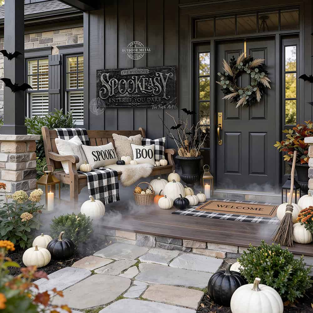 Make your Halloween Bar & Lounge decor hauntingly unique with "Spookeasy Enter If You Dare" Personalized Halloween Sign custom made by Toe Fish Art. Be surrounded by decor you LOVE! Choose between premium framed canvas or durable outdoor metal. Toe Fish Art makes artisan wall art with American materials. Proudly Made in the USA, each piece is expertly constructed with genuine craftsmanship, heritage quality, and rustic charm.