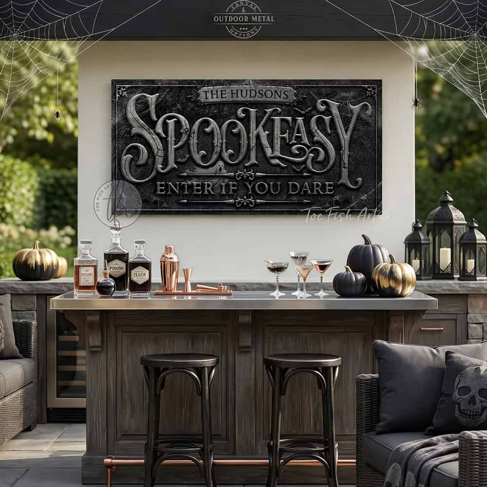 Make your Halloween Bar & Lounge decor hauntingly unique with "Spookeasy Enter If You Dare" Personalized Halloween Sign custom made by Toe Fish Art. Be surrounded by decor you LOVE! Choose between premium framed canvas or durable outdoor metal. Toe Fish Art makes artisan wall art with American materials. Proudly Made in the USA, each piece is expertly constructed with genuine craftsmanship, heritage quality, and rustic charm.
