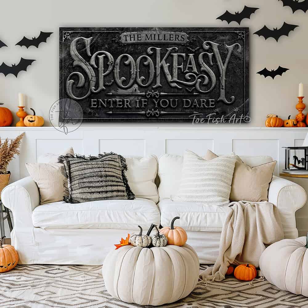 Make your Halloween Bar & Lounge decor hauntingly unique with "Spookeasy Enter If You Dare" Personalized Halloween Sign custom made by Toe Fish Art. Be surrounded by decor you LOVE! Choose between premium framed canvas or durable outdoor metal. Toe Fish Art makes artisan wall art with American materials. Proudly Made in the USA, each piece is expertly constructed with genuine craftsmanship, heritage quality, and rustic charm.