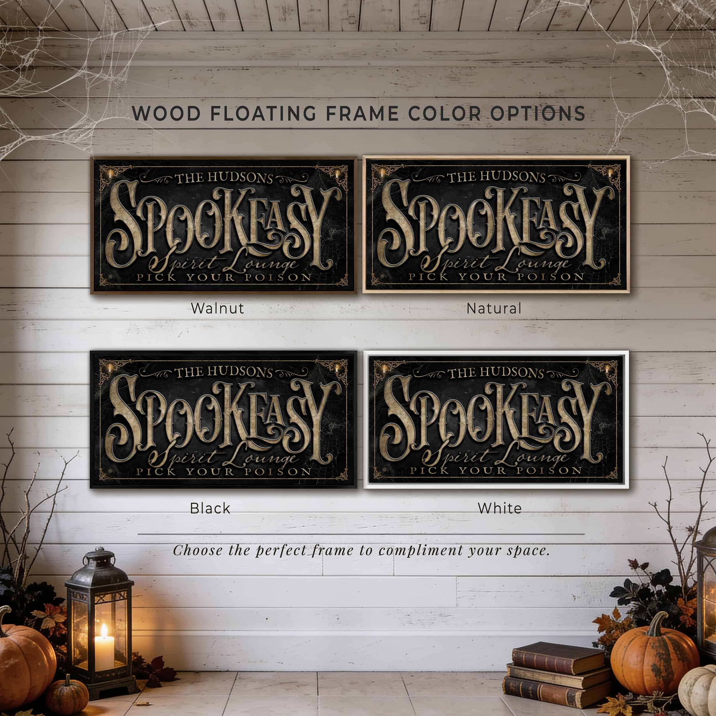 Create the ultimate Halloween home bar with this personalized Halloween bar sign from Toe Fish Art. Inspired by the charm of vintage speakeasies, our "Spookeasy Spirit Lounge" sign transforms your entertaining space with spooky sophistication. Choose between premium framed canvas or durable outdoor metal. Toe Fish Art makes artisan wall art with American materials. Proudly Made in the USA, each piece is expertly constructed with genuine craftsmanship, heritage quality, and rustic charm.