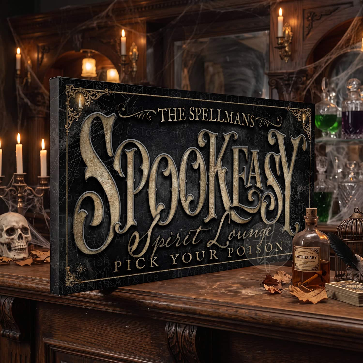 Create the ultimate Halloween home bar with this personalized Halloween bar sign from Toe Fish Art. Inspired by the charm of vintage speakeasies, our "Spookeasy Spirit Lounge" sign transforms your entertaining space with spooky sophistication. Choose between premium framed canvas or durable outdoor metal. Toe Fish Art makes artisan wall art with American materials. Proudly Made in the USA, each piece is expertly constructed with genuine craftsmanship, heritage quality, and rustic charm.