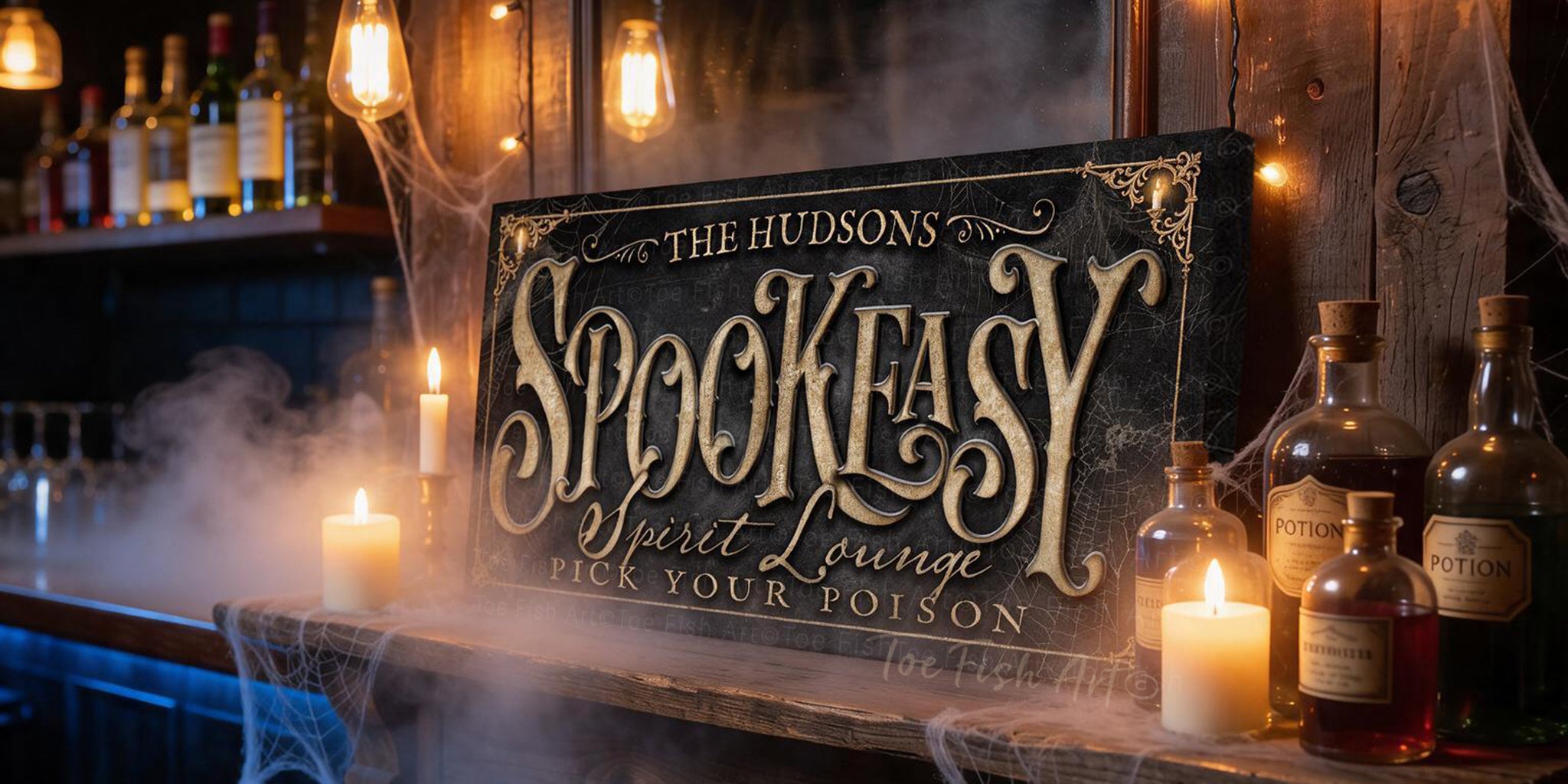 Create the ultimate Halloween home bar with this personalized Halloween bar sign from Toe Fish Art. Inspired by the charm of vintage speakeasies, our "Spookeasy Spirit Lounge" sign transforms your entertaining space with spooky sophistication. Choose between premium framed canvas or durable outdoor metal. Toe Fish Art makes artisan wall art with American materials. Proudly Made in the USA, each piece is expertly constructed with genuine craftsmanship, heritage quality, and rustic charm.
