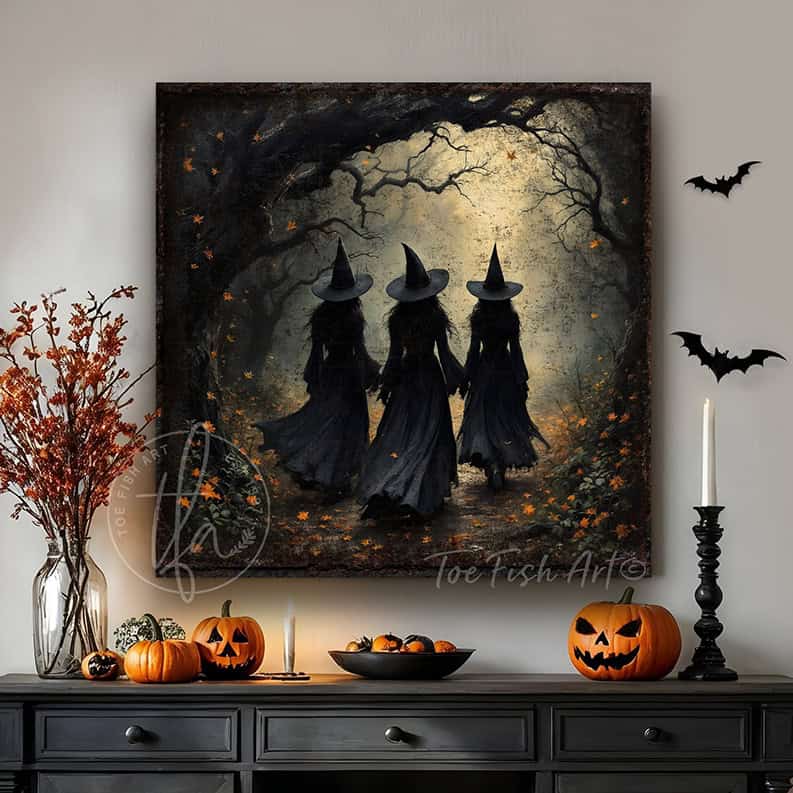 Team up with Toe Fish Art to create the ultimate Halloween display with this Three Witches in Dark Autumn Forest Wall Art focal point. Stroll along as the witches float through dark autumn forest moonlight in rustic fall colors and an eerie, mysterious feel. Choose between premium framed canvas or durable outdoor metal. Toe Fish Art makes artisan wall art with American materials. Proudly Made in the USA, each piece is expertly constructed with genuine craftsmanship, heritage quality, and rustic charm.