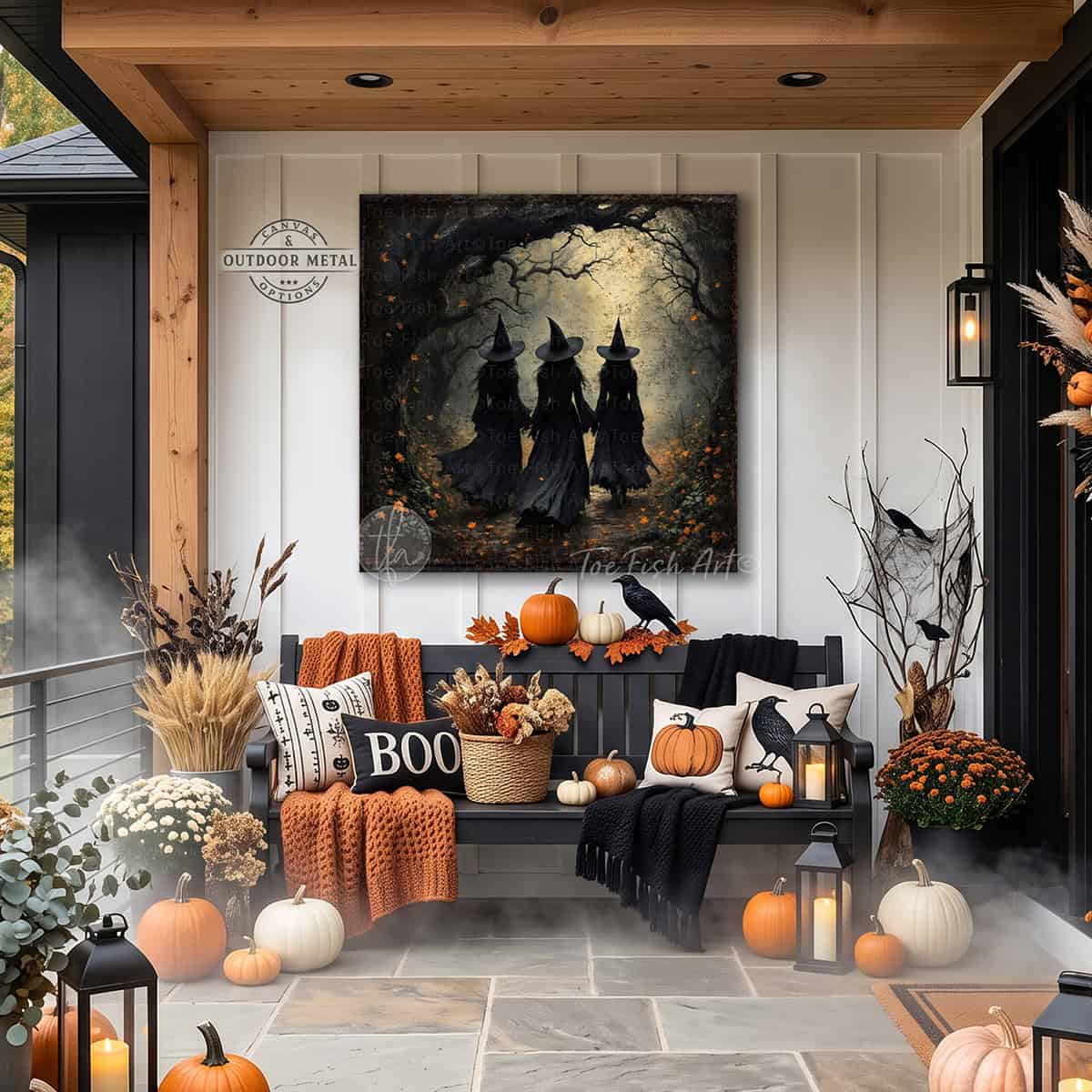 Team up with Toe Fish Art to create the ultimate Halloween display with this Three Witches in Dark Autumn Forest Wall Art focal point. Stroll along as the witches float through dark autumn forest moonlight in rustic fall colors and an eerie, mysterious feel. Choose between premium framed canvas or durable outdoor metal. Toe Fish Art makes artisan wall art with American materials. Proudly Made in the USA, each piece is expertly constructed with genuine craftsmanship, heritage quality, and rustic charm.