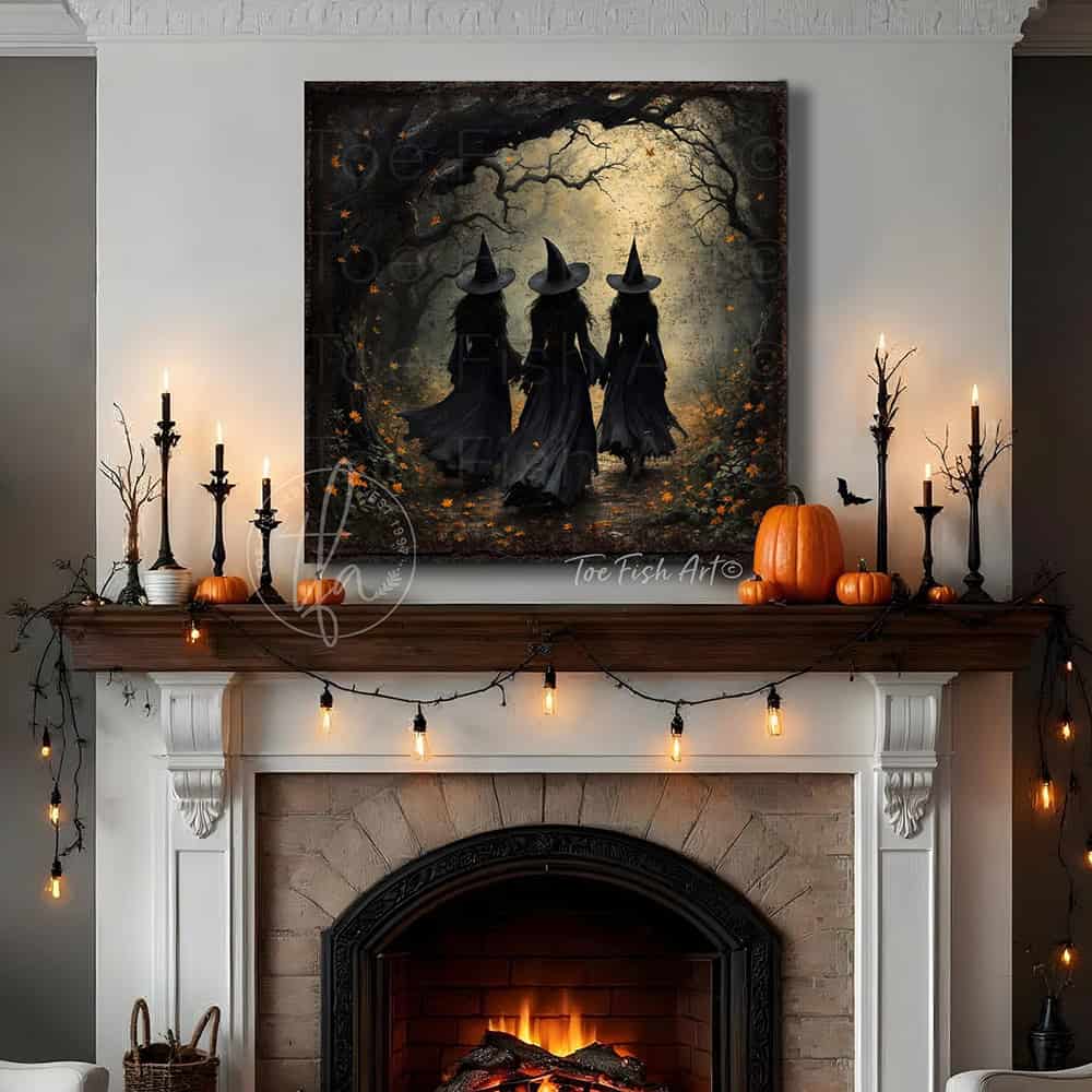 Team up with Toe Fish Art to create the ultimate Halloween display with this Three Witches in Dark Autumn Forest Wall Art focal point. Stroll along as the witches float through dark autumn forest moonlight in rustic fall colors and an eerie, mysterious feel. Choose between premium framed canvas or durable outdoor metal. Toe Fish Art makes artisan wall art with American materials. Proudly Made in the USA, each piece is expertly constructed with genuine craftsmanship, heritage quality, and rustic charm.