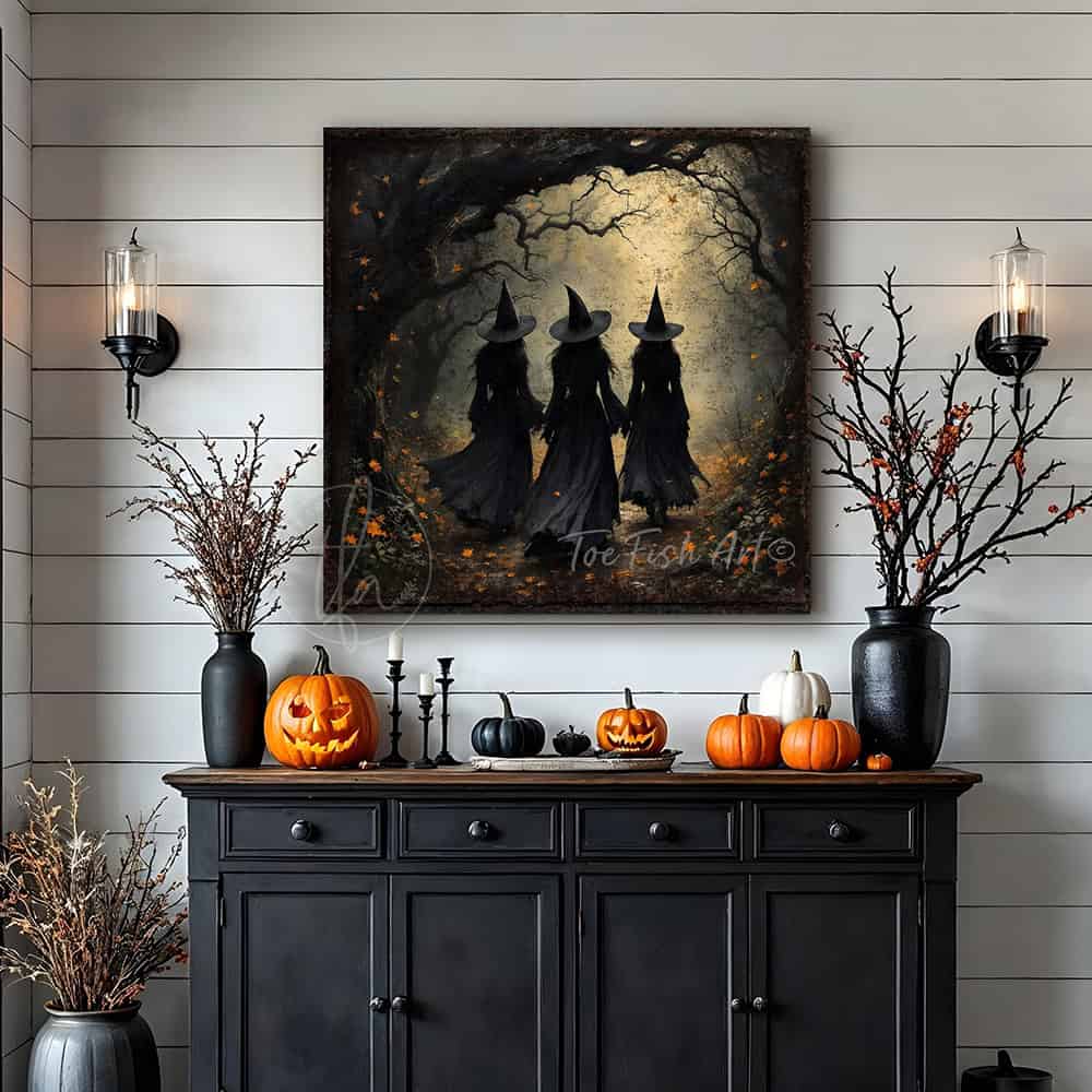 Team up with Toe Fish Art to create the ultimate Halloween display with this Three Witches in Dark Autumn Forest Wall Art focal point. Stroll along as the witches float through dark autumn forest moonlight in rustic fall colors and an eerie, mysterious feel. Choose between premium framed canvas or durable outdoor metal. Toe Fish Art makes artisan wall art with American materials. Proudly Made in the USA, each piece is expertly constructed with genuine craftsmanship, heritage quality, and rustic charm.