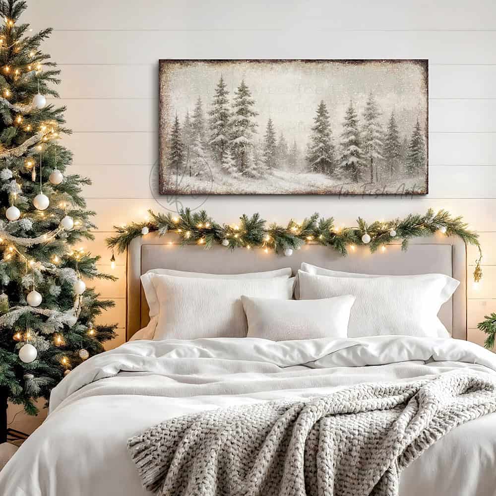 Vintage Christmas decoration—snowy forest scene wall decor with "Let Heaven and Nature Sing" Christian holiday hymn song lyrics. Canvas or outdoor metal cottagecore farmhouse sign.—Toe Fish Art makes authentic wall art with American sourced materials. Proudly made in the USA, each sign is constructed with genuine craftsmanship, heritage quality, and rustic charm. Our premium, handcrafted pieces are built to last. Discover American made wall art at toefishart.com—crafted to inspire, made to endure.