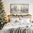 Vintage Christmas decoration—snowy forest scene wall decor with "Let Heaven and Nature Sing" Christian holiday hymn song lyrics. Canvas or outdoor metal cottagecore farmhouse sign.—Toe Fish Art makes authentic wall art with American sourced materials. Proudly made in the USA, each sign is constructed with genuine craftsmanship, heritage quality, and rustic charm. Our premium, handcrafted pieces are built to last. Discover American made wall art at toefishart.com—crafted to inspire, made to endure.