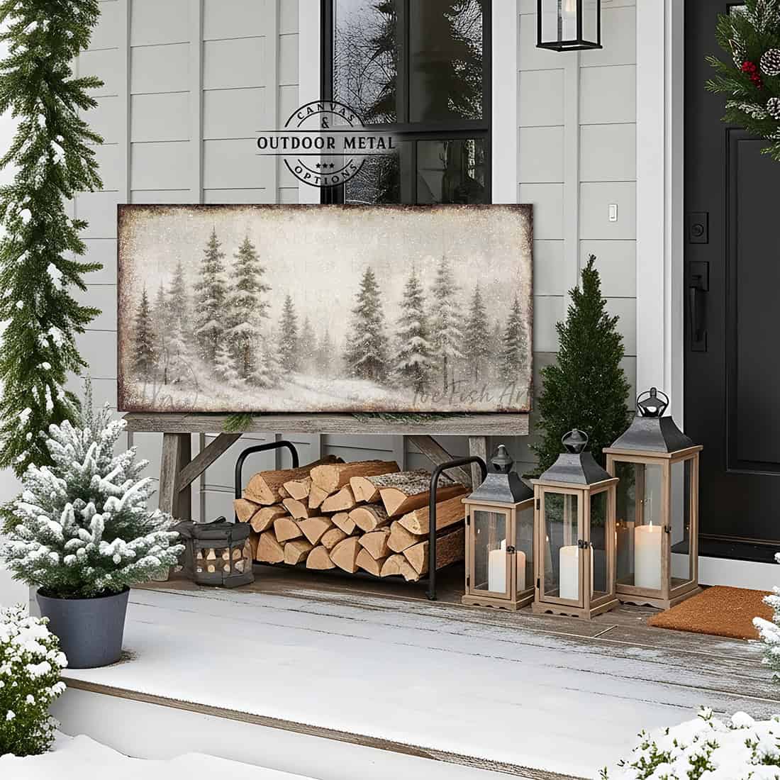 Vintage Christmas decoration—snowy forest scene wall decor with "Let Heaven and Nature Sing" Christian holiday hymn song lyrics. Canvas or outdoor metal cottagecore farmhouse sign.—Toe Fish Art makes authentic wall art with American sourced materials. Proudly made in the USA, each sign is constructed with genuine craftsmanship, heritage quality, and rustic charm. Our premium, handcrafted pieces are built to last. Discover American made wall art at toefishart.com—crafted to inspire, made to endure.