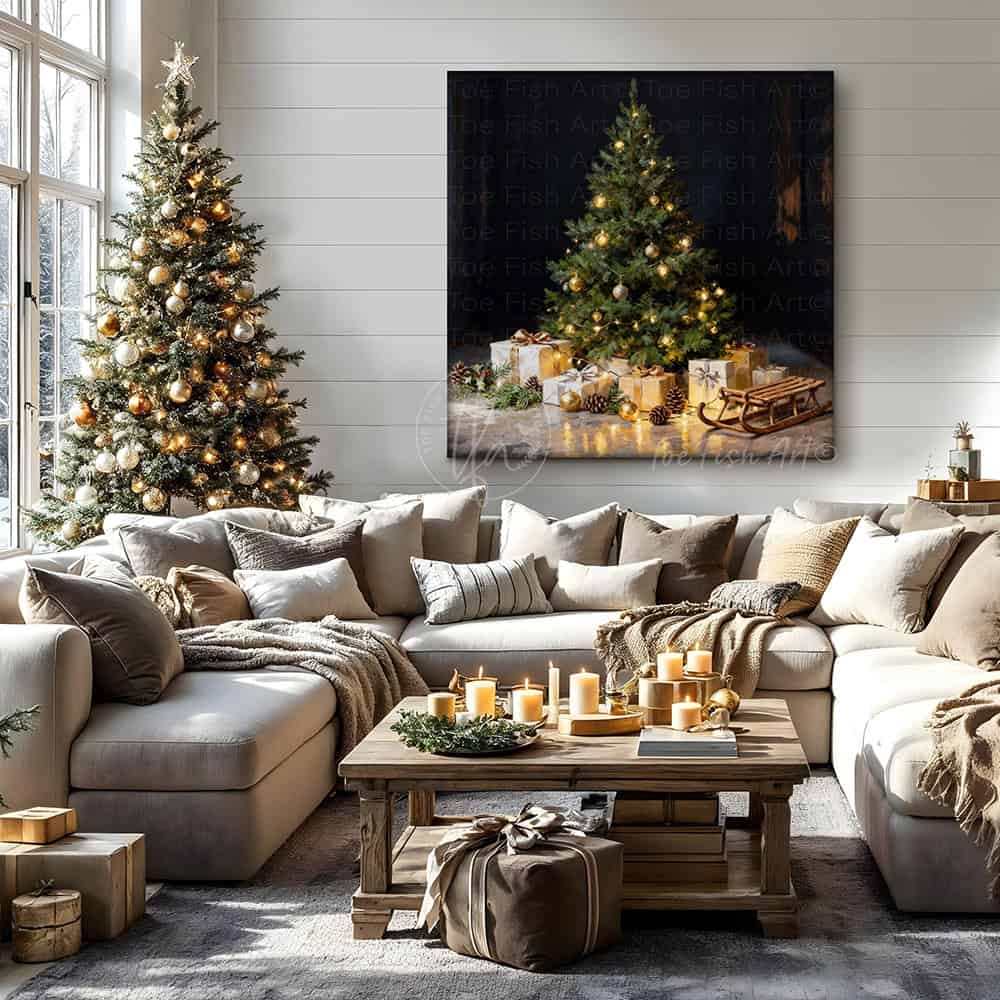 Bring nostalgic holiday charm to your home with Toe Fish Art's vintage Christmas tree canvas print. Featuring a dark, moody palette and timeless details—from old-fashioned ornaments and wrapped presents to an antique sled under the tree—this striking piece captures the warmth of classic yuletide traditions. Perfect for mantels, living rooms, or entryways, this decor adds sophisticated elegance. Handcrafted by artisans in the USA, this wall art ensures lasting quality and easy display year after year.
