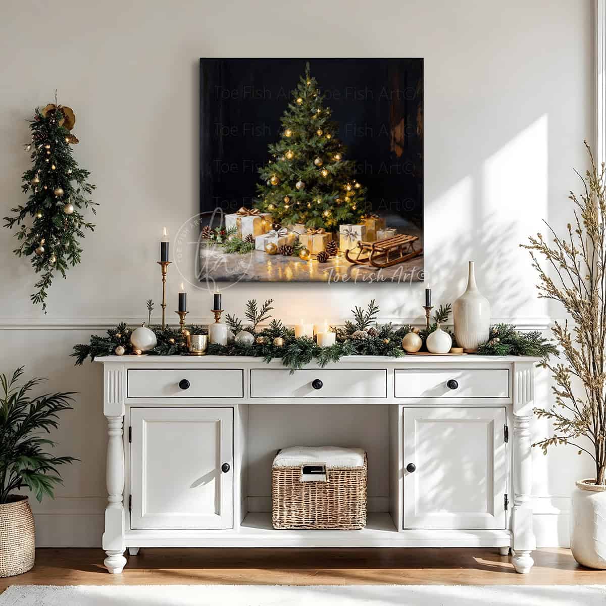 Bring nostalgic holiday charm to your home with Toe Fish Art's vintage Christmas tree canvas print. Featuring a dark, moody palette and timeless details—from old-fashioned ornaments and wrapped presents to an antique sled under the tree—this striking piece captures the warmth of classic yuletide traditions. Perfect for mantels, living rooms, or entryways, this decor adds sophisticated elegance. Handcrafted by artisans in the USA, this wall art ensures lasting quality and easy display year after year.