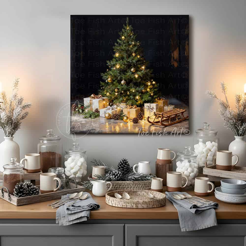 Bring nostalgic holiday charm to your home with Toe Fish Art's vintage Christmas tree canvas print. Featuring a dark, moody palette and timeless details—from old-fashioned ornaments and wrapped presents to an antique sled under the tree—this striking piece captures the warmth of classic yuletide traditions. Perfect for mantels, living rooms, or entryways, this decor adds sophisticated elegance. Handcrafted by artisans in the USA, this wall art ensures lasting quality and easy display year after year.