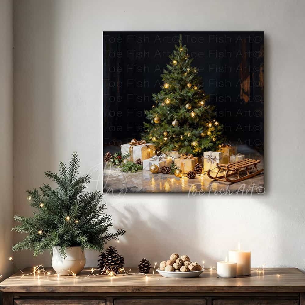 Bring nostalgic holiday charm to your home with Toe Fish Art's vintage Christmas tree canvas print. Featuring a dark, moody palette and timeless details—from old-fashioned ornaments and wrapped presents to an antique sled under the tree—this striking piece captures the warmth of classic yuletide traditions. Perfect for mantels, living rooms, or entryways, this decor adds sophisticated elegance. Handcrafted by artisans in the USA, this wall art ensures lasting quality and easy display year after year.