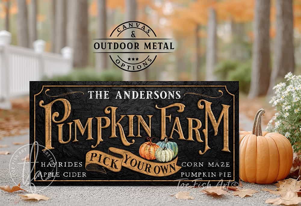 Decorate your home with this vintage personalized pumpkin farm sign by Toe Fish Art. Available in framed canvas or outdoor metal for timeless seasonal decor indoors or outdoors. Proudly crafted in the USA, each piece is artisan-made using authentic, American sourced materials. With genuine craftsmanship with heritage quality, this wall art brings timeless elegance, rustic charm, and a unique touch to any space. Featuring rustic black and burnt-orange tones, it captures autumn charm.
