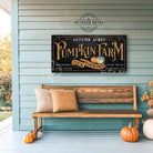Decorate your home with this vintage personalized pumpkin farm sign by Toe Fish Art. Available in framed canvas or outdoor metal for timeless seasonal decor indoors or outdoors. Proudly crafted in the USA, each piece is artisan-made using authentic, American sourced materials. With genuine craftsmanship with heritage quality, this wall art brings timeless elegance, rustic charm, and a unique touch to any space. Featuring rustic black and burnt-orange tones, it captures autumn charm.