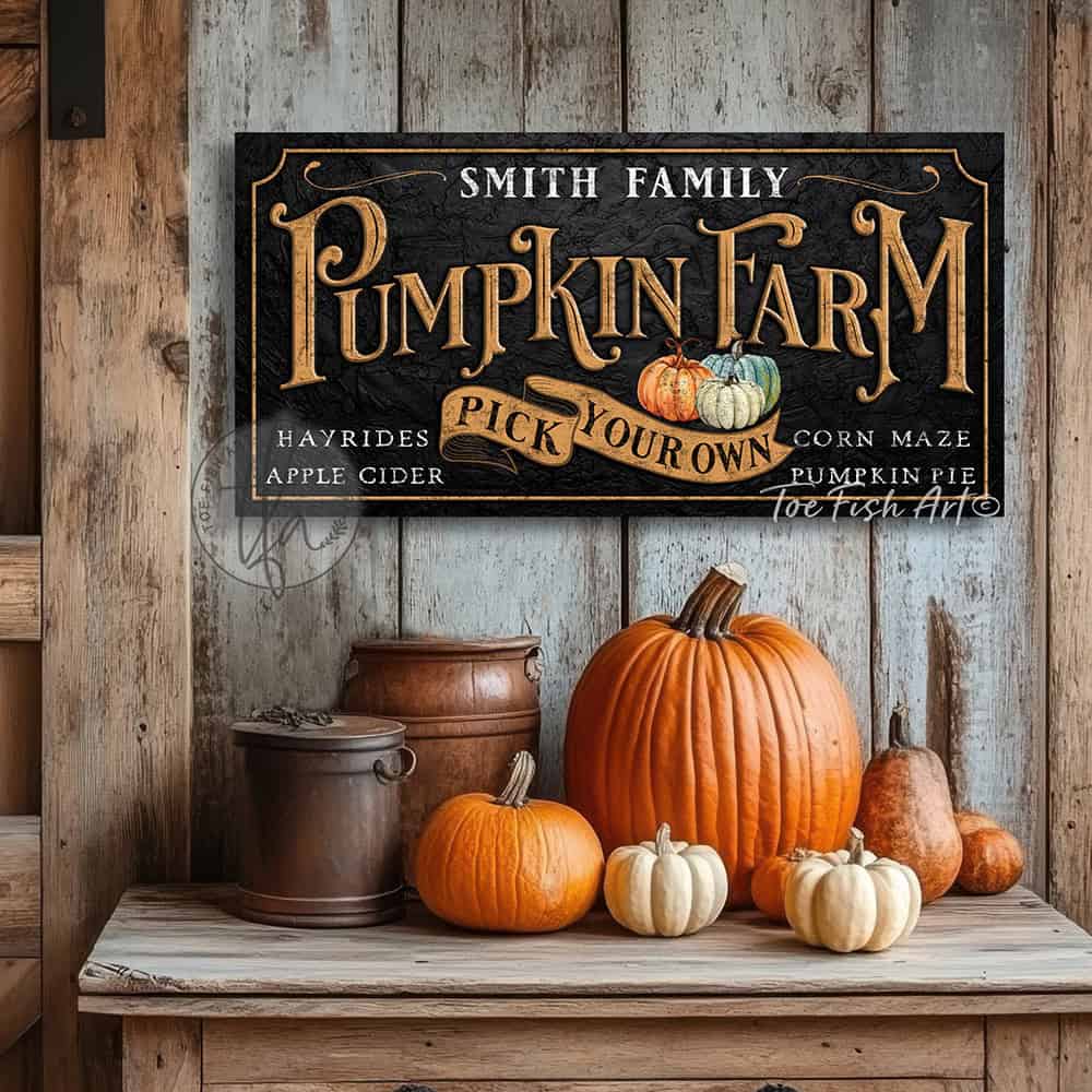 Decorate your home with this vintage personalized pumpkin farm sign by Toe Fish Art. Available in framed canvas or outdoor metal for timeless seasonal decor indoors or outdoors. Proudly crafted in the USA, each piece is artisan-made using authentic, American sourced materials. With genuine craftsmanship with heritage quality, this wall art brings timeless elegance, rustic charm, and a unique touch to any space. Featuring rustic black and burnt-orange tones, it captures autumn charm.