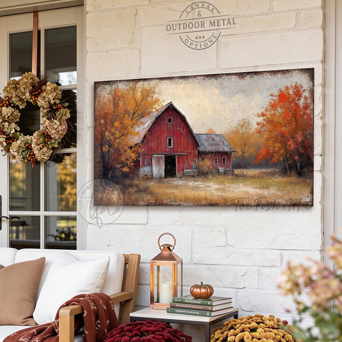 Bring home the beauty of an autumn countryside with the vibrant fall colors of this Vintage Red Barn Wall Art by Toe Fish Art, featuring a rustic red barn on a country lane with colorful fall foliage set beneath a peaceful autumn sky. Toe Fish Art specializes in Holiday and Seasonal home decor for indoor and outdoor living spaces, in framed canvas, hardwood shiplap, or outdoor metal. Each piece is expertly constructed by American artisans with genuine craftsmanship, heritage quality, and rustic charm.