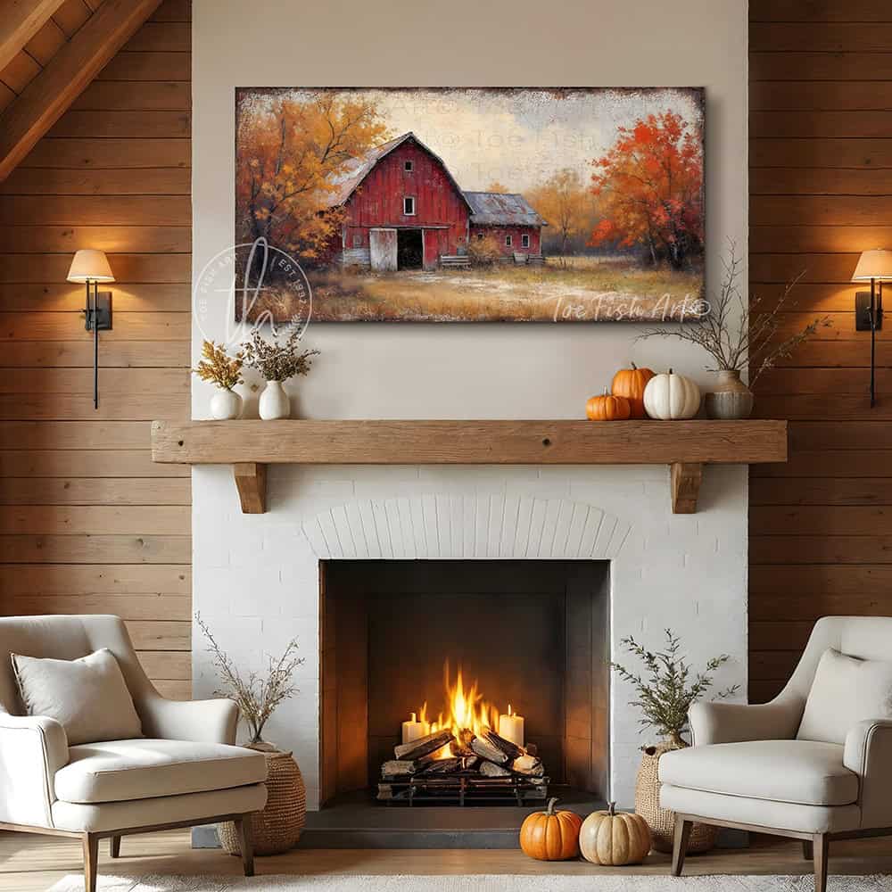 Bring home the beauty of an autumn countryside with the vibrant fall colors of this Vintage Red Barn Wall Art by Toe Fish Art, featuring a rustic red barn on a country lane with colorful fall foliage set beneath a peaceful autumn sky. Toe Fish Art specializes in Holiday and Seasonal home decor for indoor and outdoor living spaces, in framed canvas, hardwood shiplap, or outdoor metal. Each piece is expertly constructed by American artisans with genuine craftsmanship, heritage quality, and rustic charm.