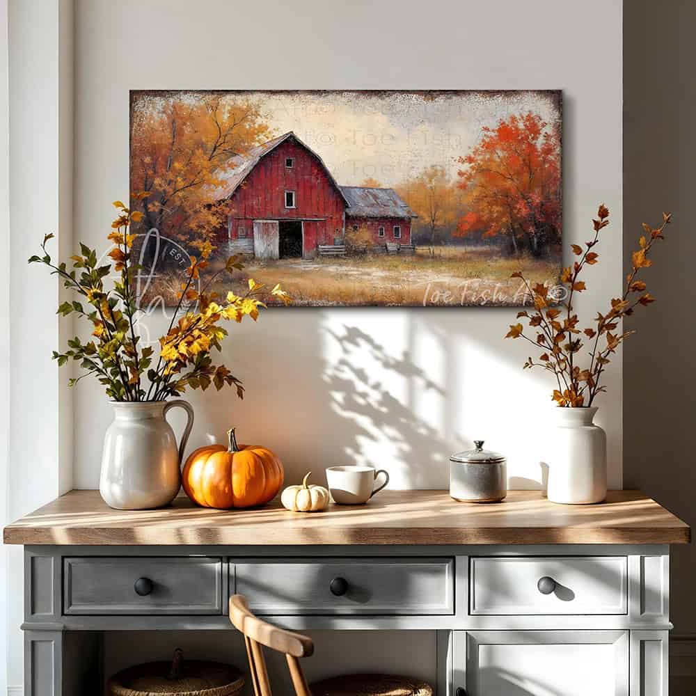 Bring home the beauty of an autumn countryside with the vibrant fall colors of this Vintage Red Barn Wall Art by Toe Fish Art, featuring a rustic red barn on a country lane with colorful fall foliage set beneath a peaceful autumn sky. Toe Fish Art specializes in Holiday and Seasonal home decor for indoor and outdoor living spaces, in framed canvas, hardwood shiplap, or outdoor metal. Each piece is expertly constructed by American artisans with genuine craftsmanship, heritage quality, and rustic charm.