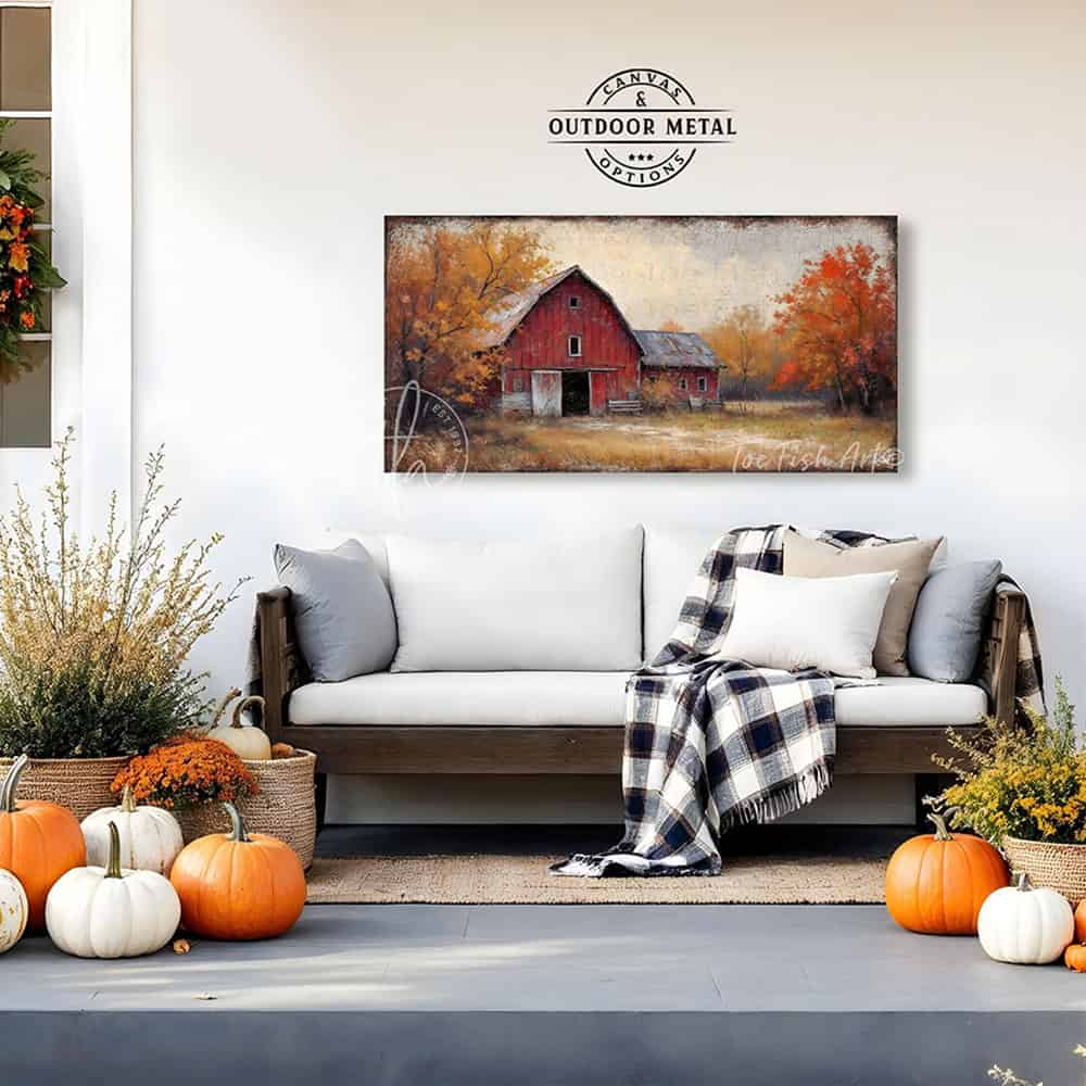 Bring home the beauty of an autumn countryside with the vibrant fall colors of this Vintage Red Barn Wall Art by Toe Fish Art, featuring a rustic red barn on a country lane with colorful fall foliage set beneath a peaceful autumn sky. Toe Fish Art specializes in Holiday and Seasonal home decor for indoor and outdoor living spaces, in framed canvas, hardwood shiplap, or outdoor metal. Each piece is expertly constructed by American artisans with genuine craftsmanship, heritage quality, and rustic charm.
