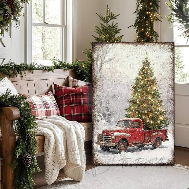 Bring festive charm to your home with this delightful vintage red truck hauling a beautifully decorated Christmas tree, handcrafted in the USA by Toe Fish Art. Perfect for farmhouse and rustic-modern spaces, this cheerful decoration captures the warmth of holiday traditions. Available in durable canvas or outdoor metal print, this artwork is an eye-catching focal point in any room—whether displayed indoors, on a covered porch, or in an outdoor setting.