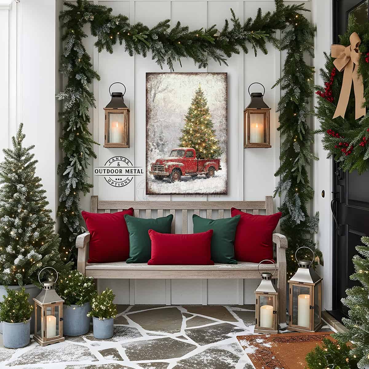 Bring festive charm to your home with this delightful vintage red truck hauling a beautifully decorated Christmas tree, handcrafted in the USA by Toe Fish Art. Perfect for farmhouse and rustic-modern spaces, this cheerful decoration captures the warmth of holiday traditions. Available in durable canvas or outdoor metal print, this artwork is an eye-catching focal point in any room—whether displayed indoors, on a covered porch, or in an outdoor setting.