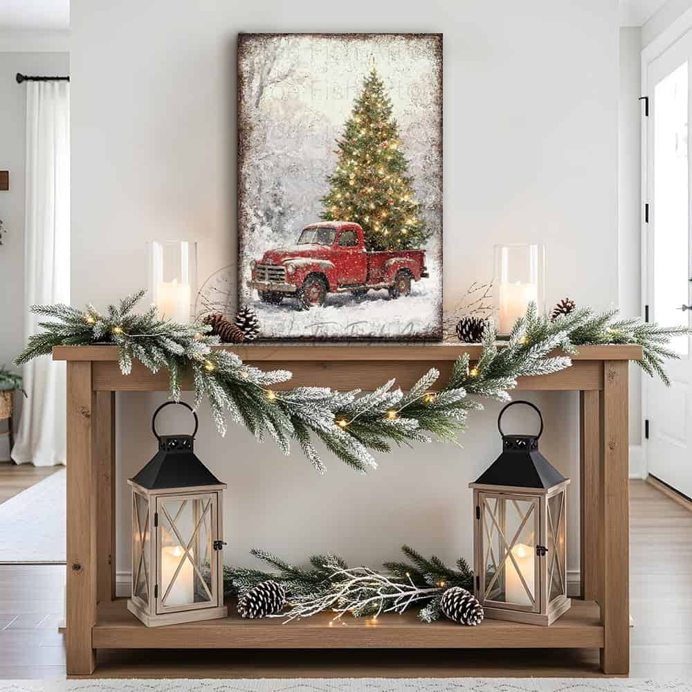Bring festive charm to your home with this delightful vintage red truck hauling a beautifully decorated Christmas tree, handcrafted in the USA by Toe Fish Art. Perfect for farmhouse and rustic-modern spaces, this cheerful decoration captures the warmth of holiday traditions. Available in durable canvas or outdoor metal print, this artwork is an eye-catching focal point in any room—whether displayed indoors, on a covered porch, or in an outdoor setting.