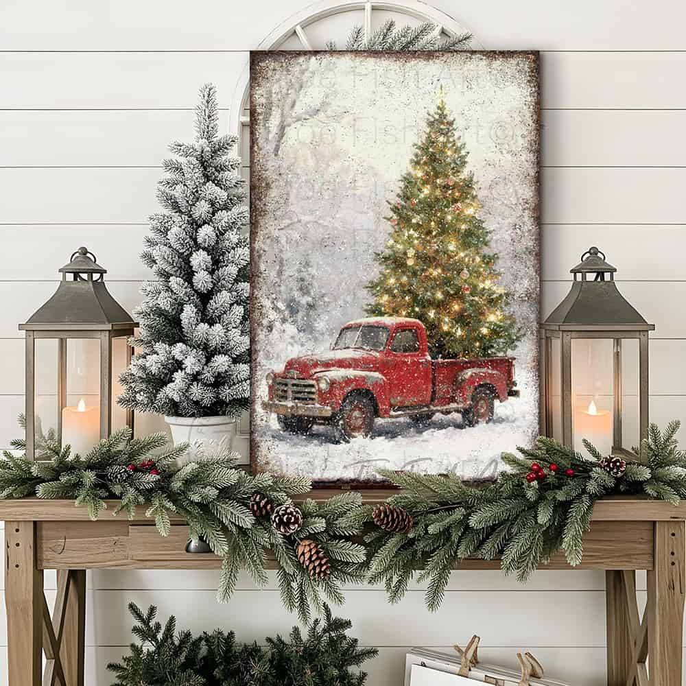 Bring festive charm to your home with this delightful vintage red truck hauling a beautifully decorated Christmas tree, handcrafted in the USA by Toe Fish Art. Perfect for farmhouse and rustic-modern spaces, this cheerful decoration captures the warmth of holiday traditions. Available in durable canvas or outdoor metal print, this artwork is an eye-catching focal point in any room—whether displayed indoors, on a covered porch, or in an outdoor setting.