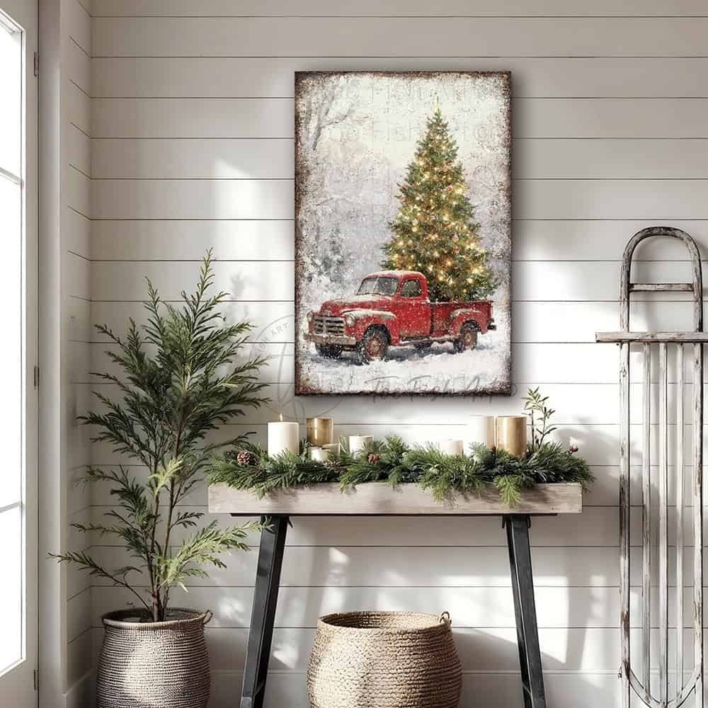 Bring festive charm to your home with this delightful vintage red truck hauling a beautifully decorated Christmas tree, handcrafted in the USA by Toe Fish Art. Perfect for farmhouse and rustic-modern spaces, this cheerful decoration captures the warmth of holiday traditions. Available in durable canvas or outdoor metal print, this artwork is an eye-catching focal point in any room—whether displayed indoors, on a covered porch, or in an outdoor setting.