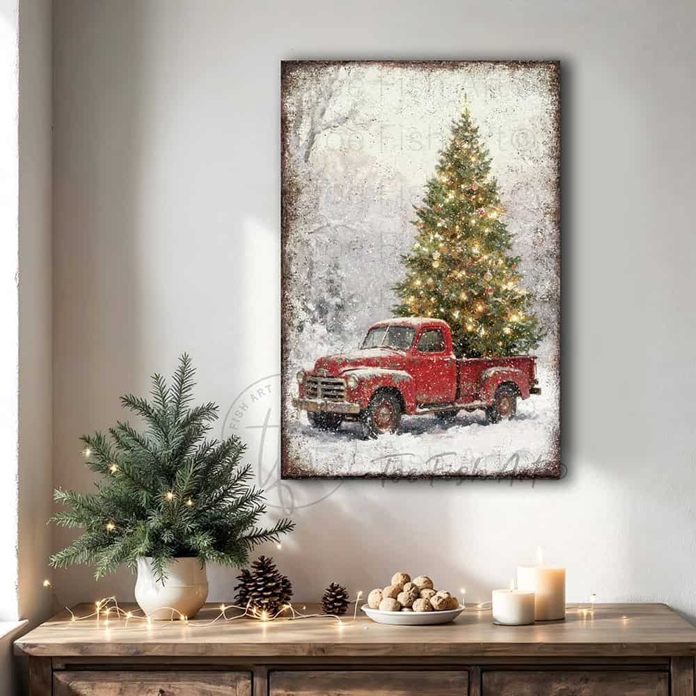 Bring festive charm to your home with this delightful vintage red truck hauling a beautifully decorated Christmas tree, handcrafted in the USA by Toe Fish Art. Perfect for farmhouse and rustic-modern spaces, this cheerful decoration captures the warmth of holiday traditions. Available in durable canvas or outdoor metal print, this artwork is an eye-catching focal point in any room—whether displayed indoors, on a covered porch, or in an outdoor setting.