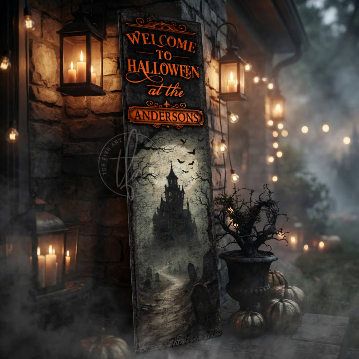 Create eye-catching fall decorations featuring this Personalized Haunted House Sign with "Welcome to Halloween" and your family name. Set the scene for trick-or-treaters and costume parties with spooky charm for indoor or outdoor spaces. Toe Fish Art specializes in Holiday and Seasonal home decor for indoor and outdoor living spaces, in framed canvas, hardwood shiplap, or outdoor metal. Each piece is expertly constructed by American artisans with genuine craftsmanship, heritage quality, and rustic charm.