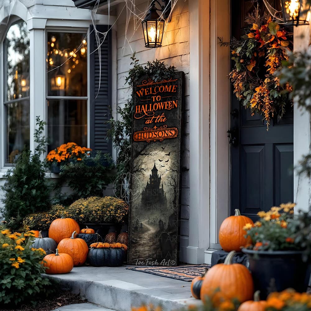 Create eye-catching fall decorations featuring this Personalized Haunted House Sign with "Welcome to Halloween" and your family name. Set the scene for trick-or-treaters and costume parties with spooky charm for indoor or outdoor spaces. Toe Fish Art specializes in Holiday and Seasonal home decor for indoor and outdoor living spaces, in framed canvas, hardwood shiplap, or outdoor metal. Each piece is expertly constructed by American artisans with genuine craftsmanship, heritage quality, and rustic charm.