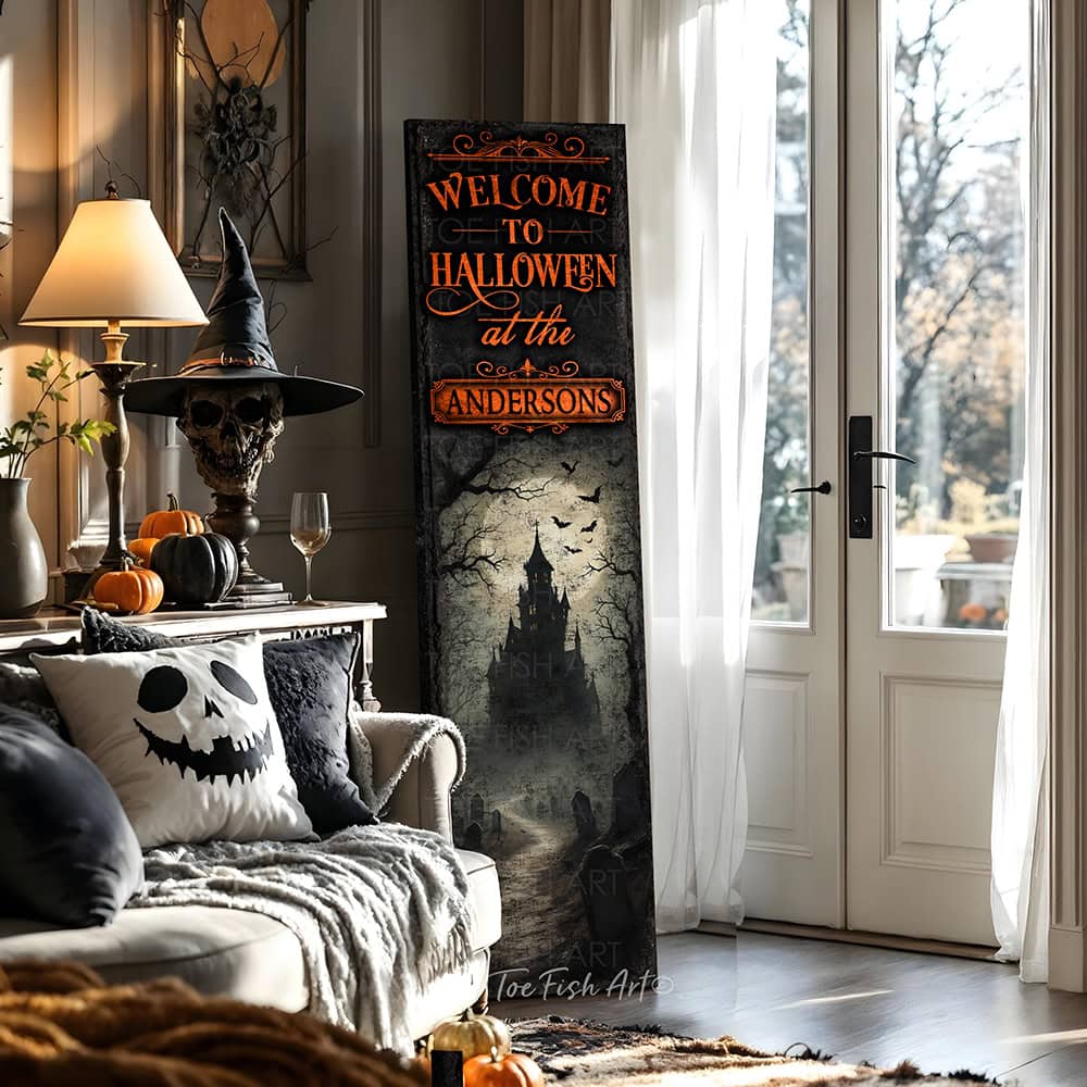 Create eye-catching fall decorations featuring this Personalized Haunted House Sign with "Welcome to Halloween" and your family name. Set the scene for trick-or-treaters and costume parties with spooky charm for indoor or outdoor spaces. Toe Fish Art specializes in Holiday and Seasonal home decor for indoor and outdoor living spaces, in framed canvas, hardwood shiplap, or outdoor metal. Each piece is expertly constructed by American artisans with genuine craftsmanship, heritage quality, and rustic charm.