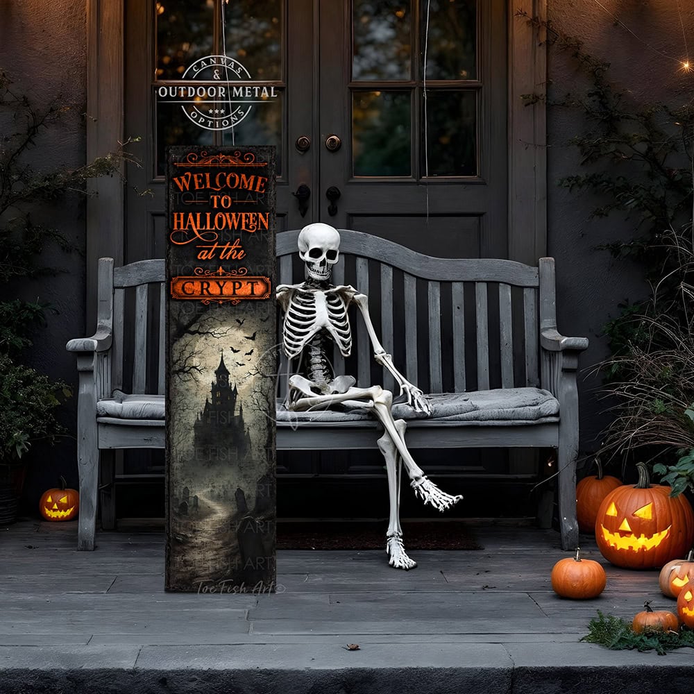 Create eye-catching fall decorations featuring this Personalized Haunted House Sign with "Welcome to Halloween" and your family name. Set the scene for trick-or-treaters and costume parties with spooky charm for indoor or outdoor spaces. Toe Fish Art specializes in Holiday and Seasonal home decor for indoor and outdoor living spaces, in framed canvas, hardwood shiplap, or outdoor metal. Each piece is expertly constructed by American artisans with genuine craftsmanship, heritage quality, and rustic charm.