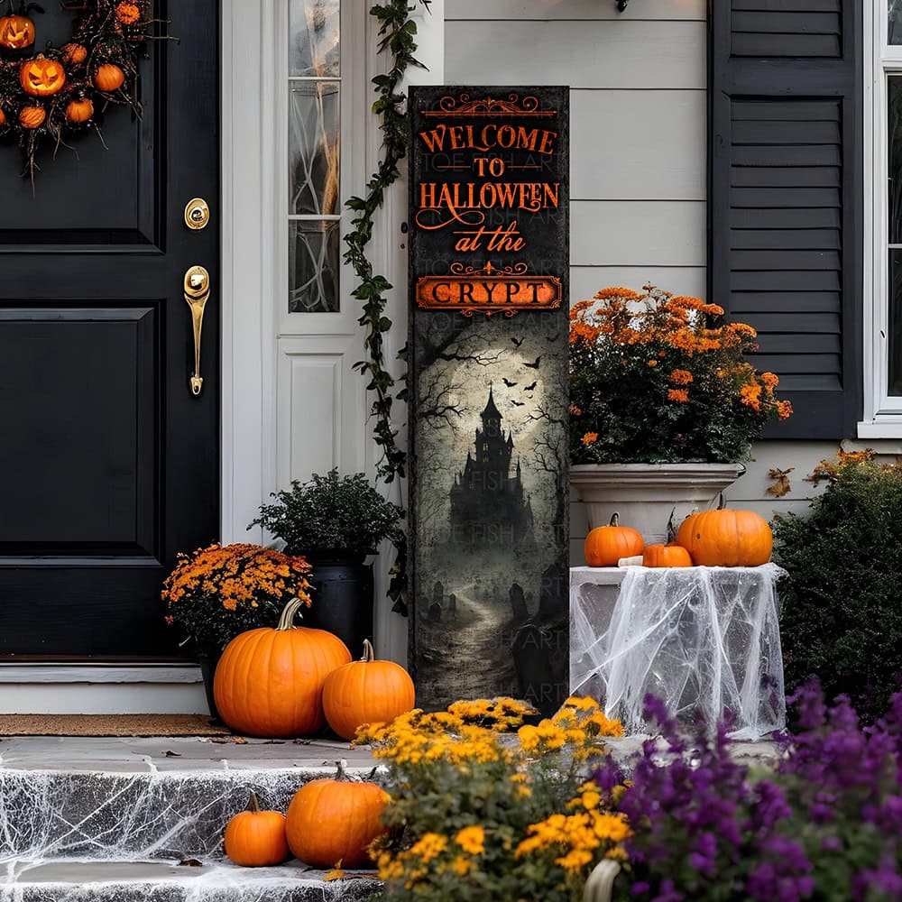 Create eye-catching fall decorations featuring this Personalized Haunted House Sign with "Welcome to Halloween" and your family name. Set the scene for trick-or-treaters and costume parties with spooky charm for indoor or outdoor spaces. Toe Fish Art specializes in Holiday and Seasonal home decor for indoor and outdoor living spaces, in framed canvas, hardwood shiplap, or outdoor metal. Each piece is expertly constructed by American artisans with genuine craftsmanship, heritage quality, and rustic charm.
