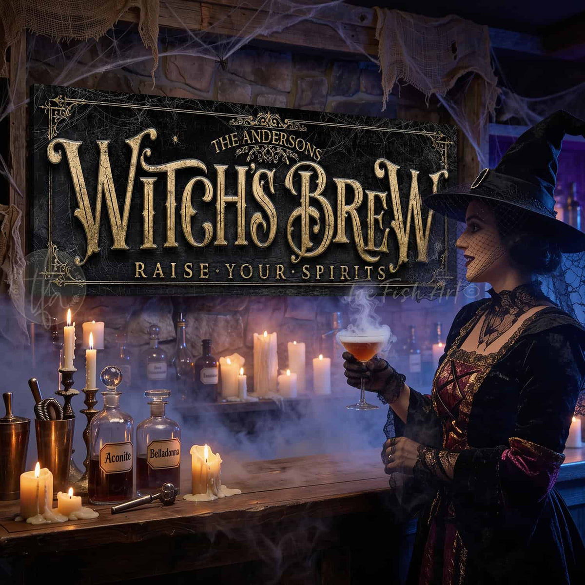 Create the ultimate Halloween home bar, coffee station, or porch display with this Witch’s Brew Personalized Halloween Sign sign from Toe Fish Art, built for interior and exterior spaces. Choose between premium framed canvas or durable outdoor metal. Toe Fish Art makes artisan wall art with American materials. Proudly Made in the USA, each piece is expertly constructed with genuine craftsmanship, heritage quality, and rustic charm.