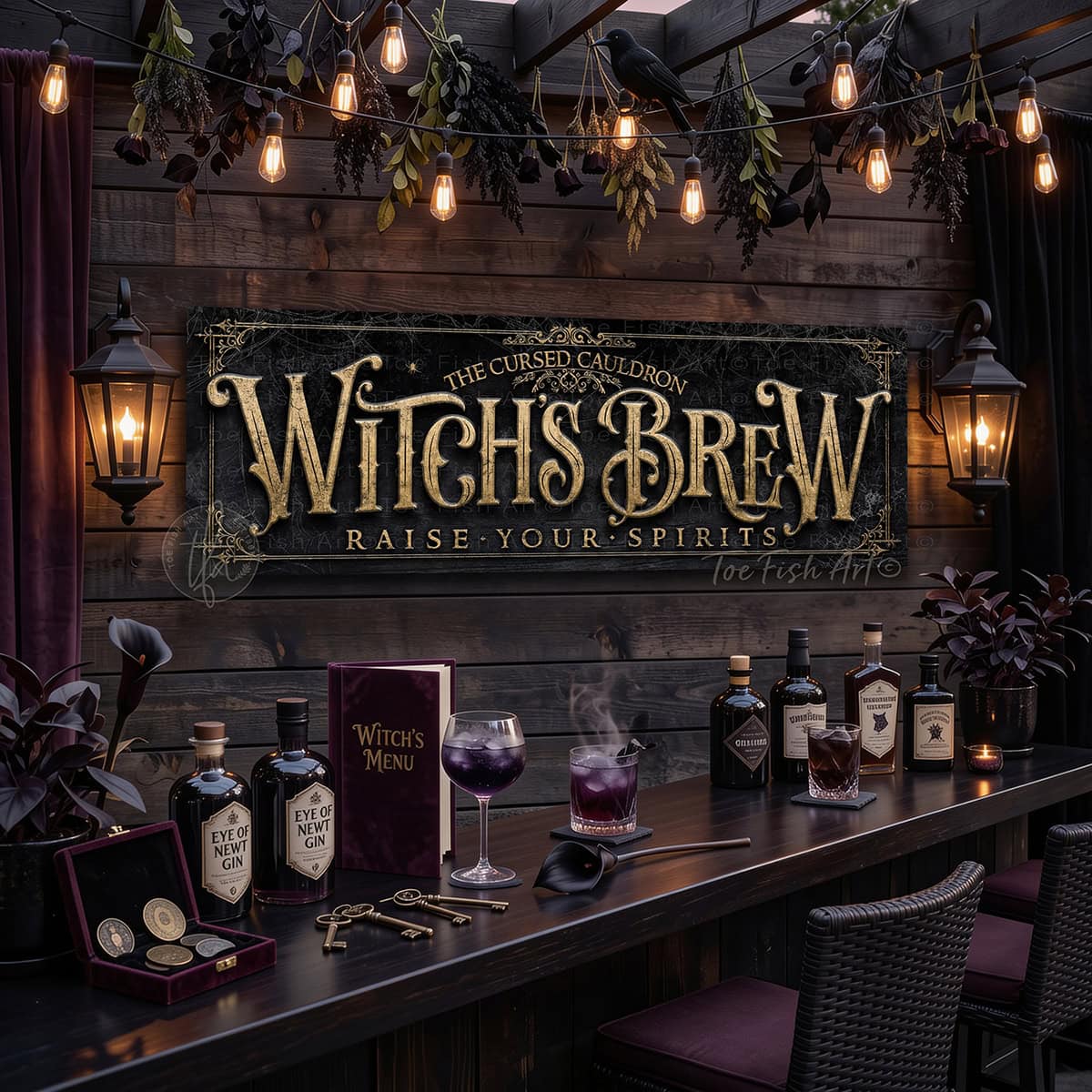 Create the ultimate Halloween home bar, coffee station, or porch display with this Witch’s Brew Personalized Halloween Sign sign from Toe Fish Art, built for interior and exterior spaces. Choose between premium framed canvas or durable outdoor metal. Toe Fish Art makes artisan wall art with American materials. Proudly Made in the USA, each piece is expertly constructed with genuine craftsmanship, heritage quality, and rustic charm.