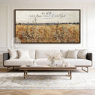 This cottagecore wall art by Toe Fish Art features lush wildflowers in a vintage floral landscape, evoking warmth and natural beauty. Add optional bible verse "Be Still And Know That I Am God"—Psalm 46:10 for meaningful faith-based decor. Be surrounded by decor you LOVE! Choose premium framed canvas or durable outdoor metal. Toe Fish Art makes artisan wall art with American materials. Proudly Made in the USA, each piece is expertly constructed with genuine craftsmanship, heritage quality, and rustic charm.