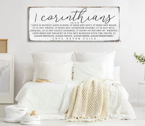 1 Corinthians Sign handmade by ToeFishArt. Original, custom, personalized wall decor signs. Canvas, Wood or Metal. Rustic modern farmhouse, cottagecore, vintage, retro, industrial, Americana, primitive, country, coastal, minimalist.