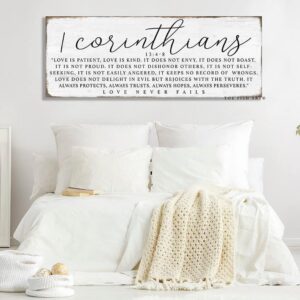 1 Corinthians Sign handmade by ToeFishArt. Original, custom, personalized wall decor signs. Canvas, Wood or Metal. Rustic modern farmhouse, cottagecore, vintage, retro, industrial, Americana, primitive, country, coastal, minimalist.