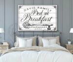 Bed and Breakfast Personalized Sign with Antique Key Artwork handmade by ToeFishArt. Original, custom, personalized wall decor signs. Canvas, Wood or Metal. Rustic modern farmhouse, cottagecore, vintage, retro, industrial, Americana, primitive, country, coastal, minimalist.