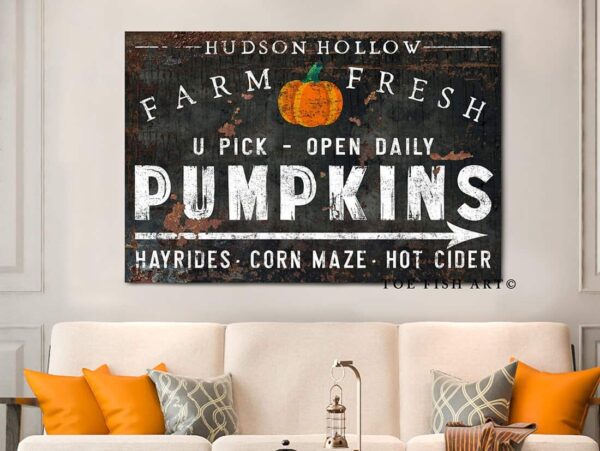 Pumpkin Farm Sign Vintage Fall Decor Family Name Canvas or Outdoor Metal Print handmade by ToeFishArt. Original, custom, personalized wall decor signs. Canvas, Wood or Metal. Rustic modern farmhouse, cottagecore, vintage, retro, industrial, Americana, primitive, country, coastal, minimalist.