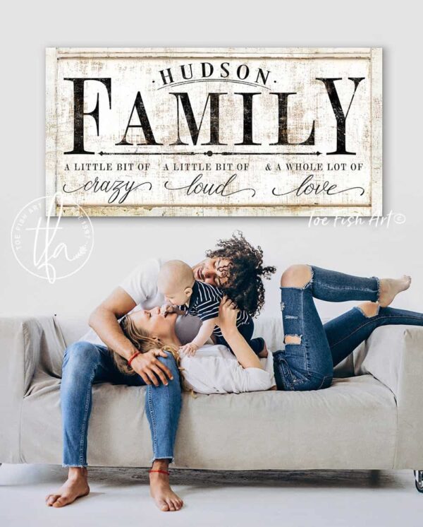 A Little Bit Of Family Sign handmade by ToeFishArt. Original, custom, personalized wall decor signs. Canvas, Wood or Metal. Rustic modern farmhouse, cottagecore, vintage, retro, industrial, Americana, primitive, country, coastal, minimalist.