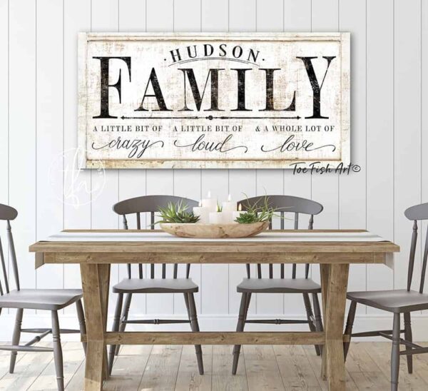 A Little Bit Of Family Sign handmade by ToeFishArt. Original, custom, personalized wall decor signs. Canvas, Wood or Metal. Rustic modern farmhouse, cottagecore, vintage, retro, industrial, Americana, primitive, country, coastal, minimalist.