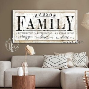 A Little Bit Of Family Sign handmade by ToeFishArt. Original, custom, personalized wall decor signs. Canvas, Wood or Metal. Rustic modern farmhouse, cottagecore, vintage, retro, industrial, Americana, primitive, country, coastal, minimalist.