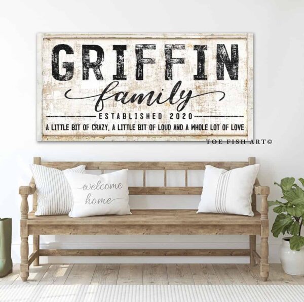 A Little Bit Of Family Sign handmade by ToeFishArt. Original, custom, personalized wall decor signs. Canvas, Wood or Metal. Rustic modern farmhouse, cottagecore, vintage, retro, industrial, Americana, primitive, country, coastal, minimalist.