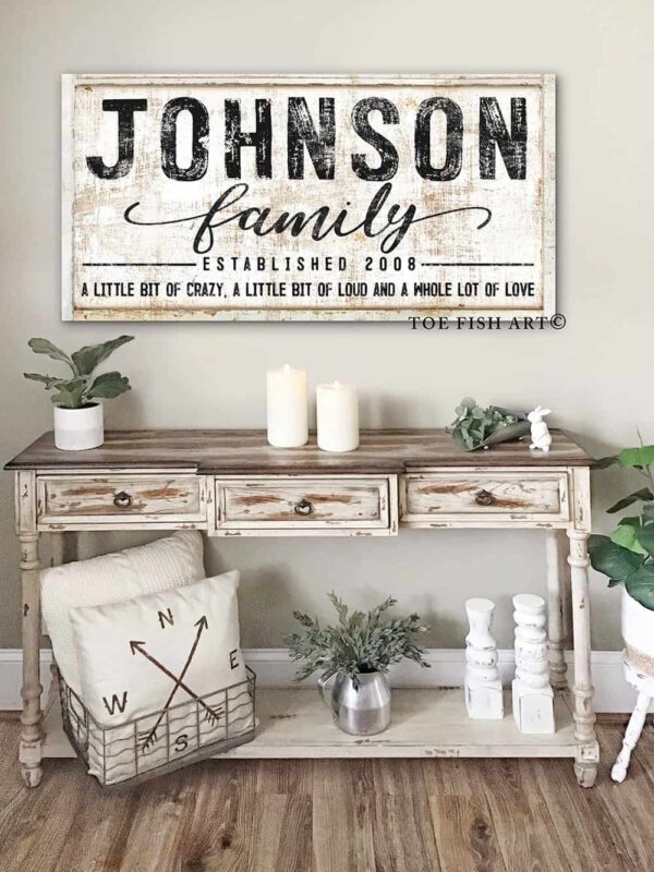 A Little Bit Of Family Sign handmade by ToeFishArt. Original, custom, personalized wall decor signs. Canvas, Wood or Metal. Rustic modern farmhouse, cottagecore, vintage, retro, industrial, Americana, primitive, country, coastal, minimalist.