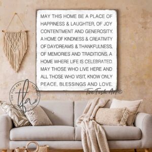 A Place of Happiness & Laughter Sign handmade by ToeFishArt. Original, custom, personalized wall decor signs. Canvas, Wood or Metal. Rustic modern farmhouse, cottagecore, vintage, retro, industrial, Americana, primitive, country, coastal, minimalist.