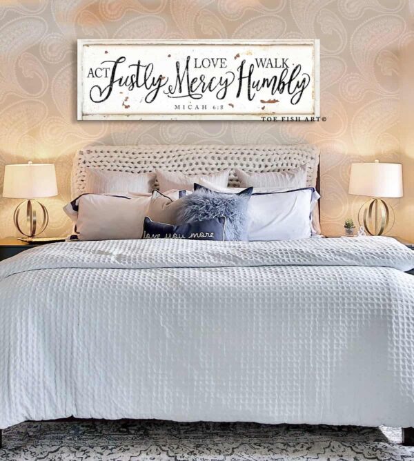 Act Justly Love Mercy Walk Humbly Sign handmade by ToeFishArt. Original, custom, personalized wall decor signs. Canvas, Wood or Metal. Rustic modern farmhouse, cottagecore, vintage, retro, industrial, Americana, primitive, country, coastal, minimalist.